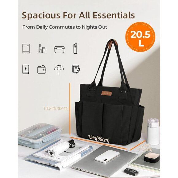 Women's Black Tote Bags Large Utility Bags with Pockets Zip for Teacher Work - Picture 4 of 8